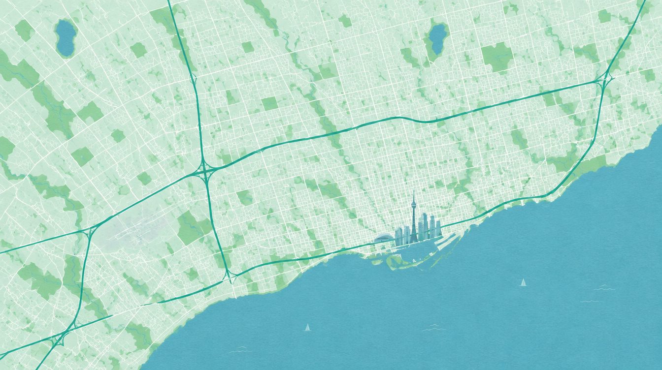 大多倫多地區插畫地圖，由 Downtown 去到 Markham、Richmond Hill、Vaughan 同 Mississauga